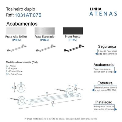 Porta Toalha Toalheiro Duplo Para Banheiro Preto Fosco Atenas 75cm
