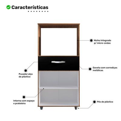 Armário De Cozinha Multiuso Luna 60cm Com 02 Portas E Nicho Integrado Savana Preto - Abmaza
