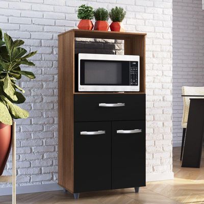 Armário De Cozinha Multiuso Luna 60cm Com 02 Portas E Nicho Integrado Savana Preto - Abmaza