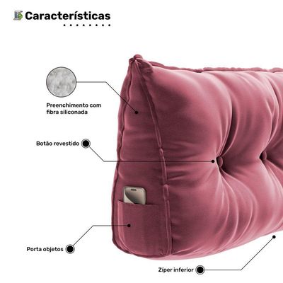 Almofada Para Cabeceira Encosto Apoio Lombar Spot 160cm Com Porta Celular Veludo - Abmaza Cor Rosa
