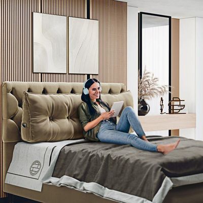 Almofada Para Cabeceira Encosto Apoio Lombar Spot 160cm Com Porta Celular Veludo - Abmaza Cor Bege