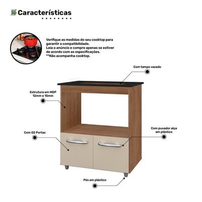 Balcão Para Cooktop Elis 75cm 02 Portas Com Tampo Recortado Savana Off White - Abmaza