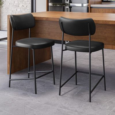 Banqueta Média Para Cozinha Lila Estofada Com Encosto Couríssimo Preto - Abmaza