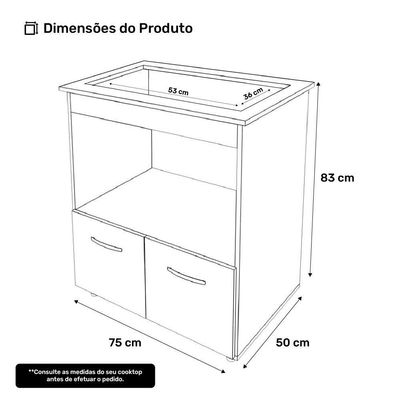 Balcão Para Cooktop Elis 75cm 02 Portas Com Tampo Recortado Branco - Abmaza