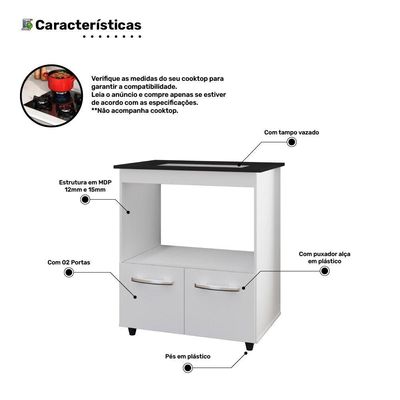 Balcão Para Cooktop Elis 75cm 02 Portas Com Tampo Recortado Branco - Abmaza