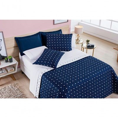 Cobre Leito + Jogo De Cama King + Jogo De Banho Petit Poá 12 Peças 100% Poliéster - Marinho