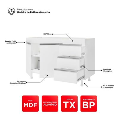 Cozinha Planejada Lux 3 Peças 100%mdf Balcão Gabinete Sem Tampo 119cm 3 Gavetas Branco - Abmaza
