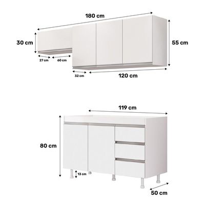 Cozinha Planejada Lux 3 Peças 100%mdf Balcão Gabinete Sem Tampo 119cm 3 Gavetas Branco - Abmaza