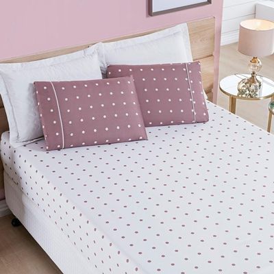 Cobre Leito + Jogo De Cama 200 Fios Petit Poá Solteiro 04 Peças 100% Poliéster - Rose