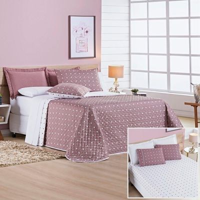 Cobre Leito + Jogo De Cama 200 Fios Petit Poá Solteiro 04 Peças 100% Poliéster - Rose