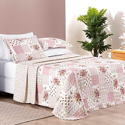 Colcha + Jogo De Cama Bouti Estampado King 06 Peças 100% Poliéster - Rosa Matura