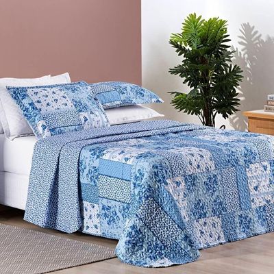 Colcha + Jogo De Cama Bouti Estampado Casal 07 Peças 100% Poliéster - Azul Sereno