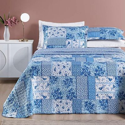 Colcha + Jogo De Cama Bouti Estampado King 07 Peças 100% Poliéster - Azul Sereno
