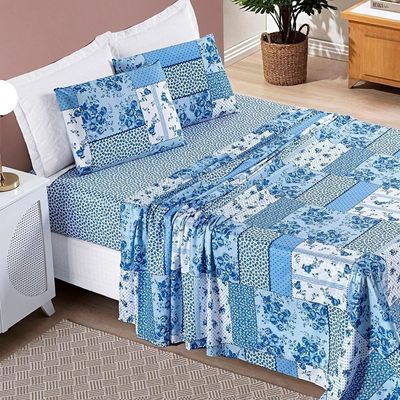 Colcha + Jogo De Cama Bouti Estampado King 07 Peças 100% Poliéster - Azul Sereno