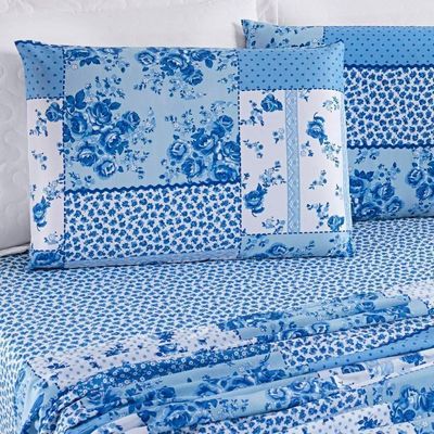 Colcha + Jogo De Cama Bouti Estampado Casal 07 Peças 100% Poliéster - Azul Sereno