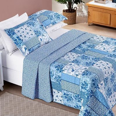Colcha + Jogo De Cama Bouti Estampado King 07 Peças 100% Poliéster - Azul Sereno