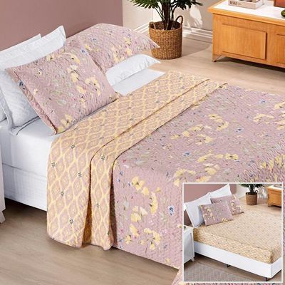 Colcha + Jogo De Cama Bouti Estampado Casal 06 Peças 100% Poliéster - Lavanda