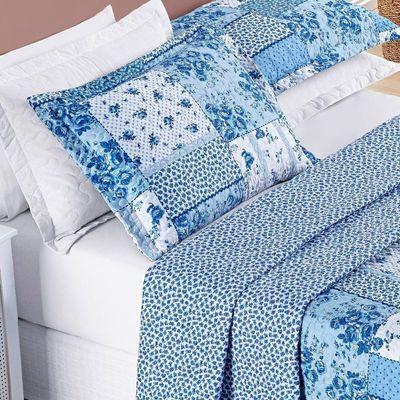Colcha + Jogo De Cama Bouti Estampado King 07 Peças 100% Poliéster - Azul Sereno