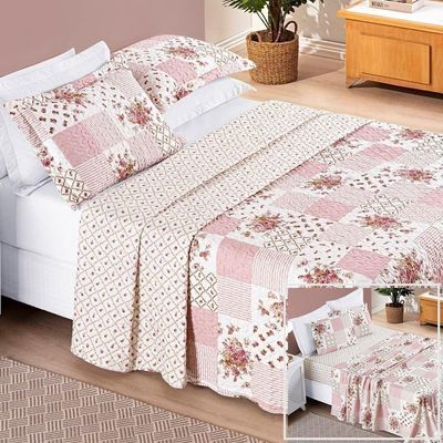 Colcha + Jogo De Cama Bouti Estampado Casal 07 Peças 100% Poliéster - Rosa Matura