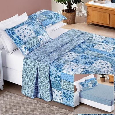 Colcha + Jogo De Cama Bouti Estampado Casal 06 Peças 100% Poliéster - Azul Sereno