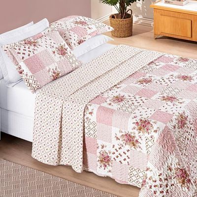 Colcha + Jogo De Cama Bouti Estampado Casal 07 Peças 100% Poliéster - Rosa Matura