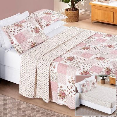 Colcha + Jogo De Cama Bouti Estampado King 06 Peças 100% Poliéster - Rosa Matura