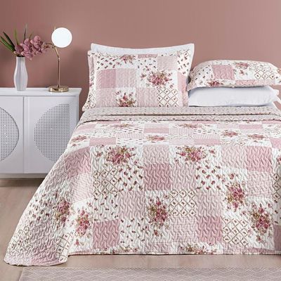 Colcha + Jogo De Cama Bouti Estampado King 06 Peças 100% Poliéster - Rosa Matura