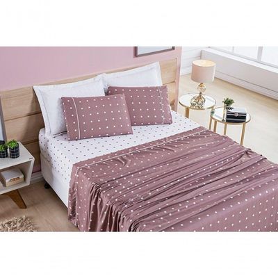 Cobre Leito + Jogo De Cama Queen + Jogo De Banho Petit Poá 12 Peças 100% Poliéster - Rose