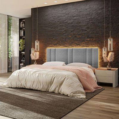 Cabeceira Painel Cama Box King Size Siri 200cm Com Led Linho Cinza - Abmaza