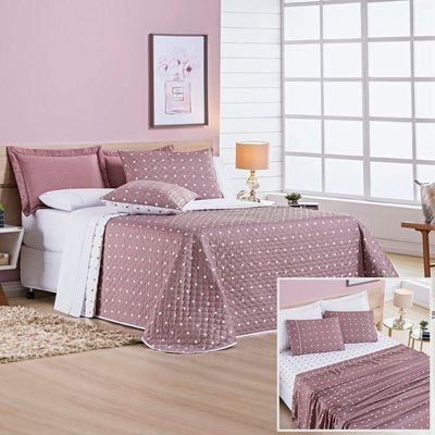 Cobre Leito + Jogo De Cama Queen + Jogo De Banho Petit Poá 12 Peças 100% Poliéster - Rose