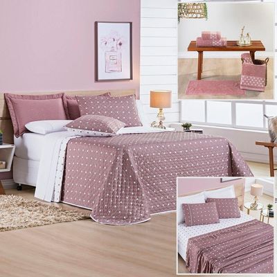 Cobre Leito + Jogo De Cama Queen + Jogo De Banho Petit Poá 12 Peças 100% Poliéster - Rose