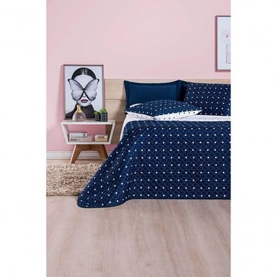 Cobre Leito + Jogo De Cama Queen + Jogo De Banho Petit Poá 12 Peças 100% Poliéster - Marinho
