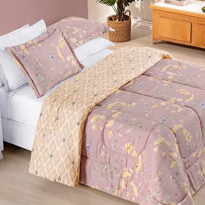 Edredom 2,40m X 2,20m + Jogo De Cama Casal Padrão Bouti 06 Peças 100% Poliéster - Lavanda