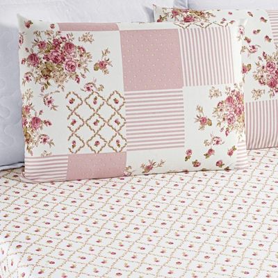 Colcha + Jogo De Cama Bouti Estampado Queen 06 Peças 100% Poliéster - Rosa Matura