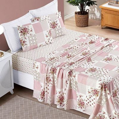 Colcha + Jogo De Cama Bouti Estampado King 07 Peças 100% Poliéster - Rosa Matura