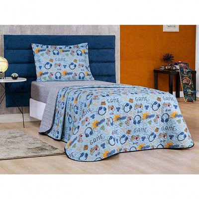 Enxoval Kit Colcha + Jogo De Cama Lençol Bouti Solteiro Infantil Kids 4 Peças 100% Poliéster - Game