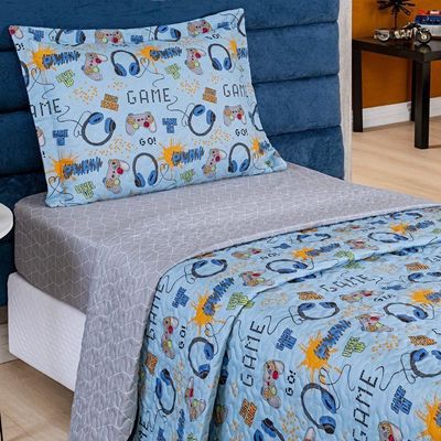 Enxoval Kit Colcha + Jogo De Cama Lençol Bouti Solteiro Infantil Kids 4 Peças 100% Poliéster - Game