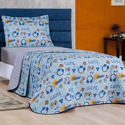 Enxoval Kit Colcha + Jogo De Cama Lençol Bouti Solteiro Infantil Kids 4 Peças 100% Poliéster - Game