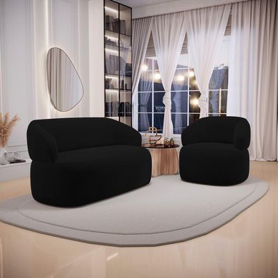Kit 02 Poltronas Giratória E 01 Sofá Orgânico Glee 03 Lugares 170cm Veludo Preto - Abmaza