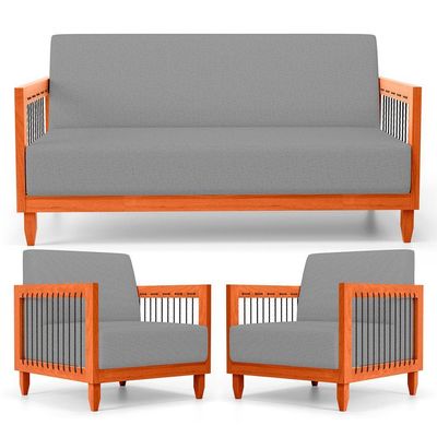 Kit 02 Poltronas E 01 Sofá Samoa Madeira Maciça Com Cordas Náutica Linho Cinza - Abmaza