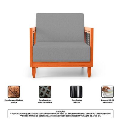 Kit 02 Poltronas E 01 Sofá Samoa Madeira Maciça Com Cordas Náutica Linho Cinza - Abmaza