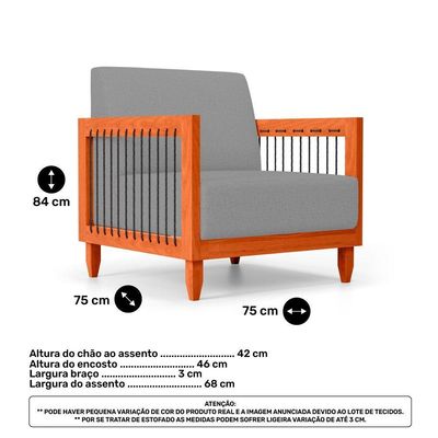 Kit 02 Poltronas E 01 Sofá Samoa Madeira Maciça Com Cordas Náutica Linho Cinza - Abmaza