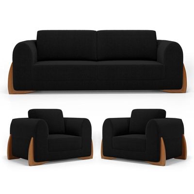 Kit 02 Poltronas E 01 Sofá Bloom 160cm 02 Lugares Com Pés De Madeira Bouclê Preto - Abmaza