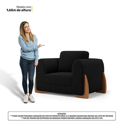 Kit 02 Poltronas E 01 Sofá Bloom 160cm 02 Lugares Com Pés De Madeira Bouclê Preto - Abmaza