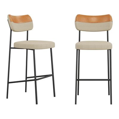 Kit 02 Banquetas Altas Cozinha Lila Estofada Com Encosto Couríssimo Whisky Linho Bege - Abmaza