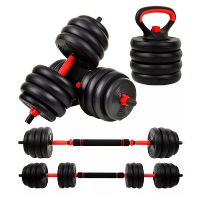 Kit Halteres 6 Em 1 Peso Musculação Até 40kg Ajustável Halter, Kettlebell, Anilha Preto-vermelho