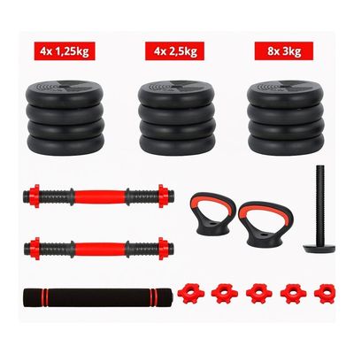 Kit Halteres 6 Em 1 Peso Musculação Até 40kg Ajustável Halter, Kettlebell, Anilha Preto-vermelho