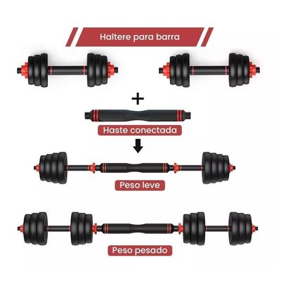 Kit Halteres 6 Em 1 Peso Musculação Até 40kg Ajustável Halter, Kettlebell, Anilha Preto-vermelho