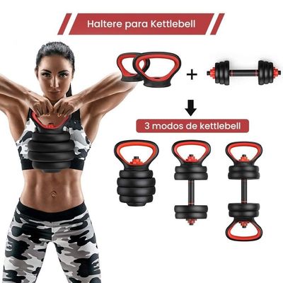 Kit Halteres 6 Em 1 Peso Musculação Até 40kg Ajustável Halter, Kettlebell, Anilha Preto-vermelho
