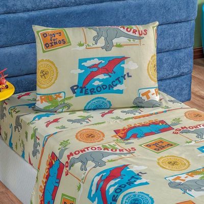 Kit Colcha + Jogo De Cama Bouti Kids Solteiro Infantil 5 Peças 100% Poliéster - Dino